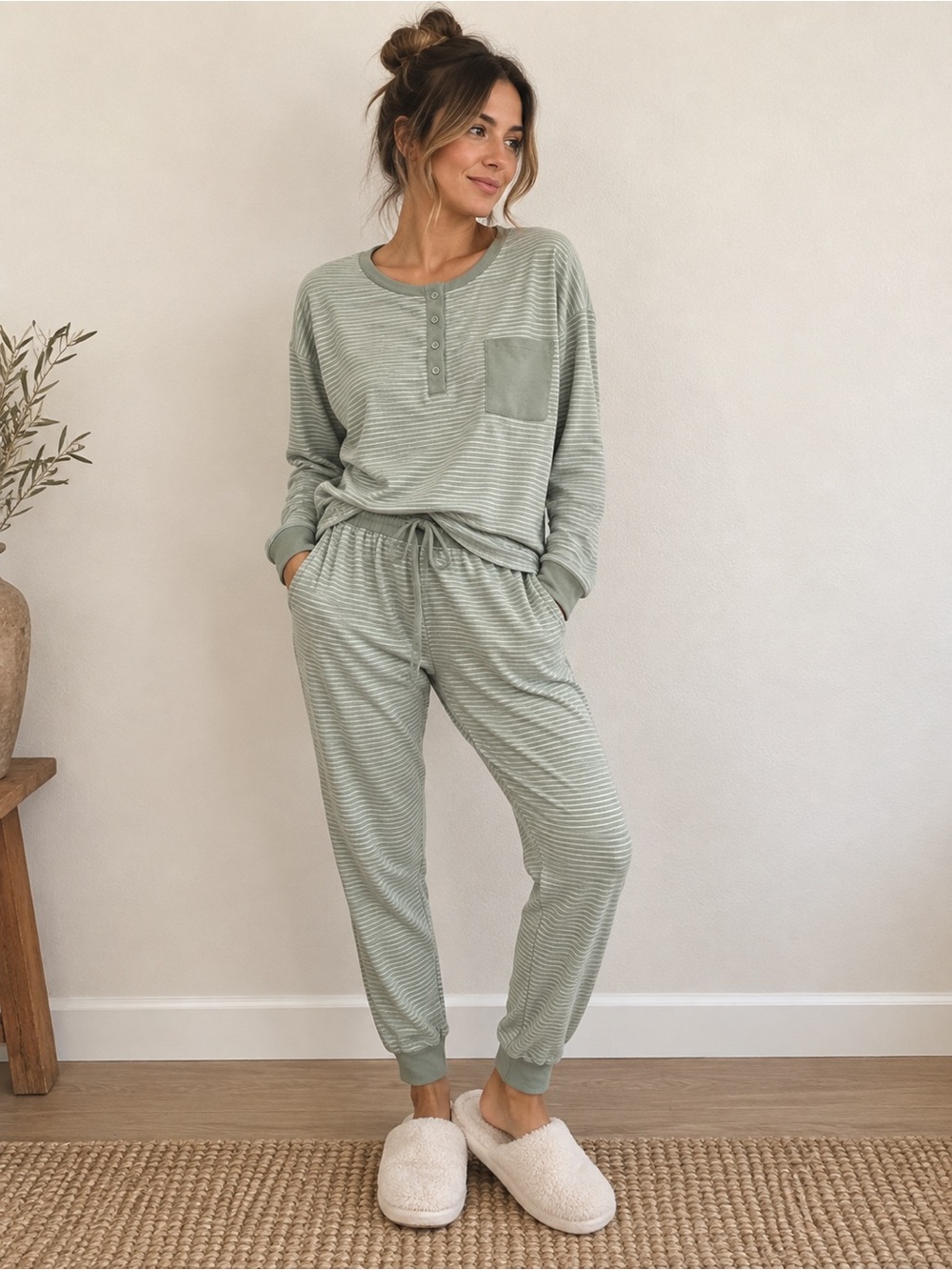 Splendid Sage Green Striped Henley Lounge Set Size Medium
